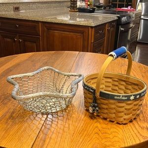 NWT SILVER METAL STAR & WOVEN W CERAMIC HANDLE BASKETS